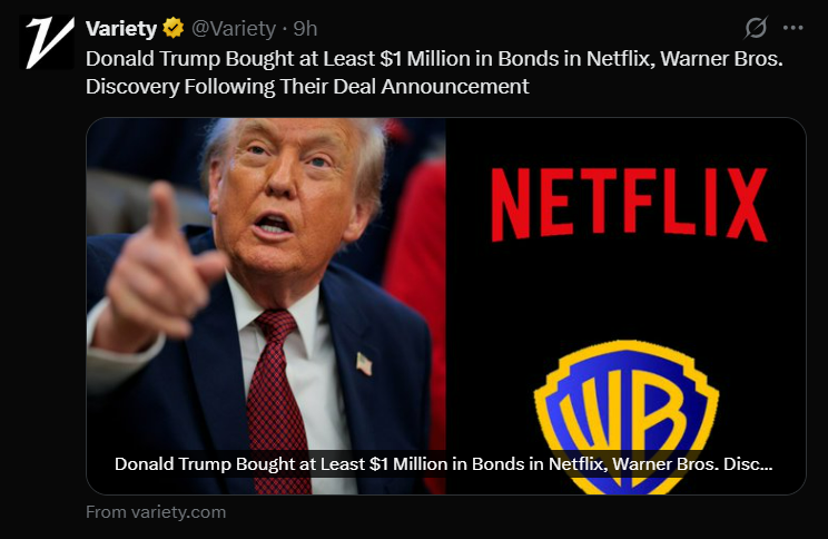 Trump bought at least $1 million worth bonds from netflix and waner bros