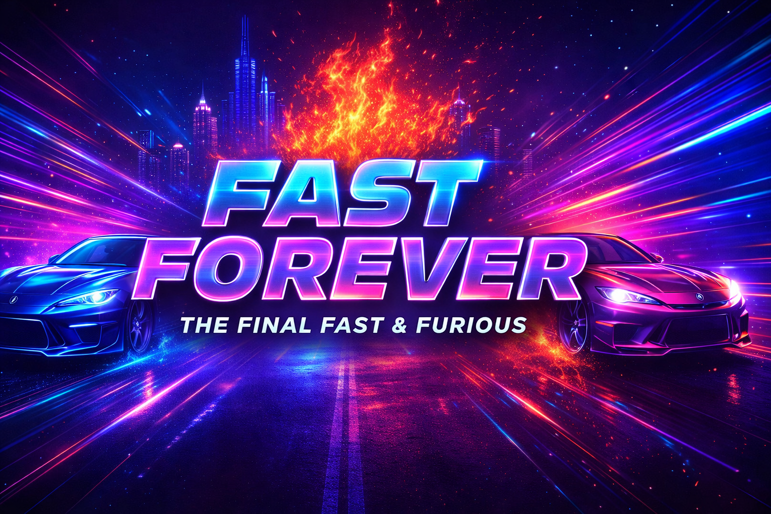 Neon-style Fast Forever artwork featuring glowing sports cars and futuristic city lights symbolizing the final Fast & Furious movie