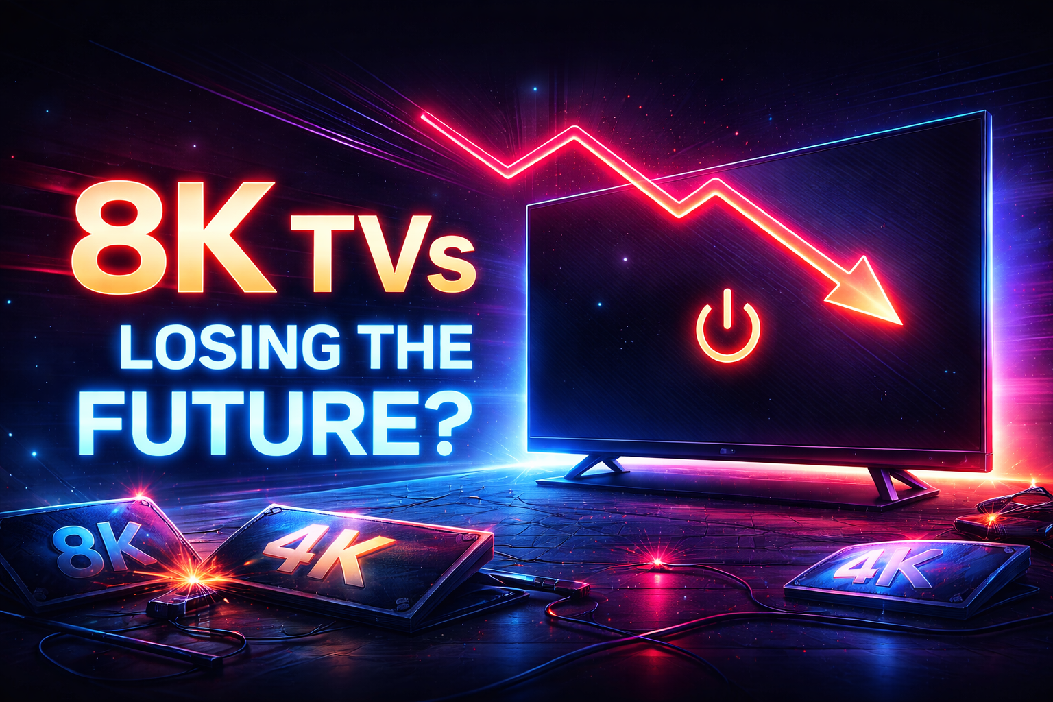 Neon-styled illustration showing a modern television with a downward trend line, symbolizing the decline of 8K TVs and the TV industry’s shift toward advanced 4K display technologies.