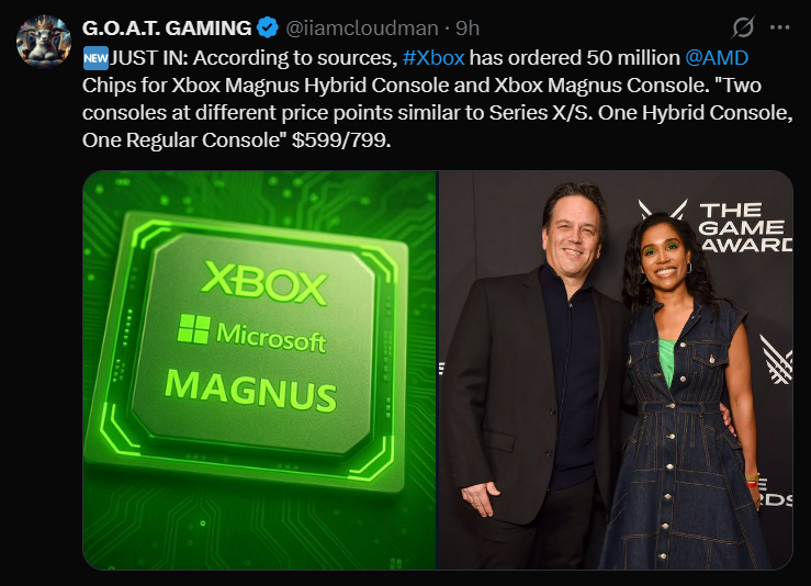 A promotional-style image showing Xbox branding alongside a neon-green processor graphic labeled Magnus, with two Microsoft gaming executives standing at an industry event, representing speculation around Xbox’s next-generation console plans.