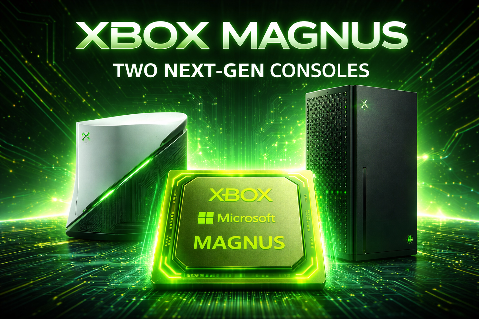 A futuristic neon-green digital illustration of an Xbox Magnus processor surrounded by glowing circuitry, symbolizing a rumored next-generation Xbox console powered by custom AMD chips.