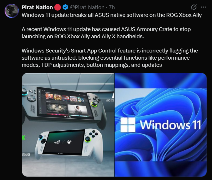 Windows 11 update causing ASUS Armoury Crate to stop working on ROG Ally handheld, showing Windows Security and system interface visuals