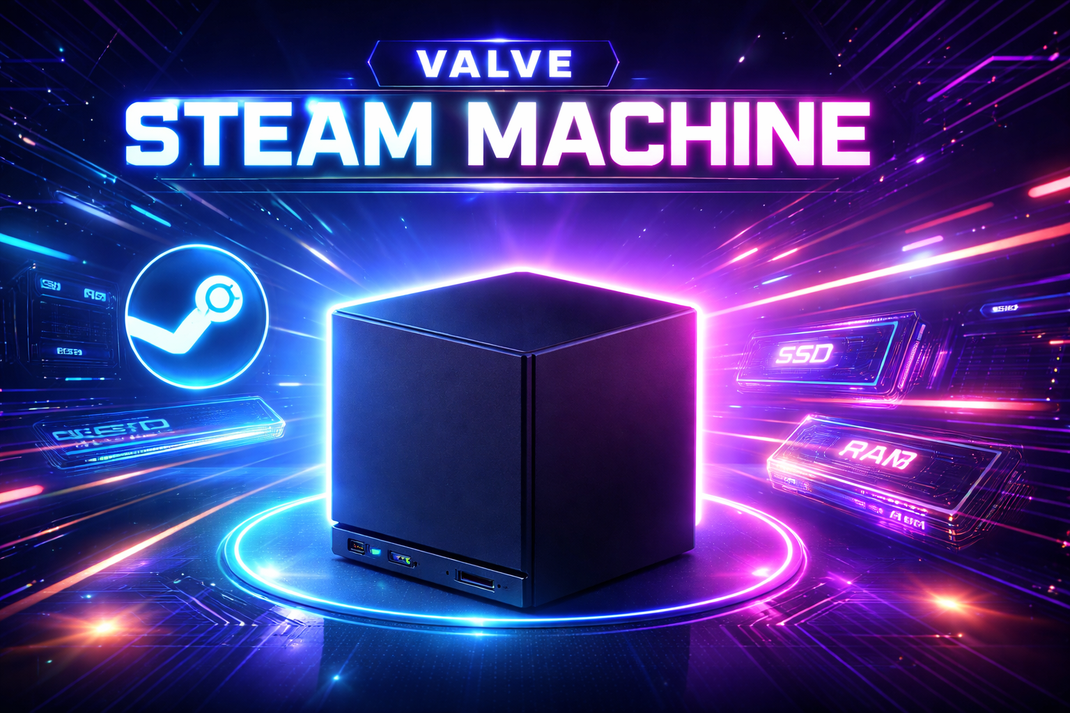 Neon futuristic Steam Machine Valve console concept representing Steam Machine 2026 update, RAMpocalypse memory shortage discussions, GPU and SSD supply crisis, and official Valve Steam Machine news and launch timeline.