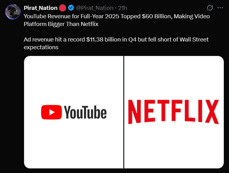 Neon-themed digital comparison graphic showing YouTube and Netflix branding with a financial growth chart representing annual revenue performance and platform earnings comparison.