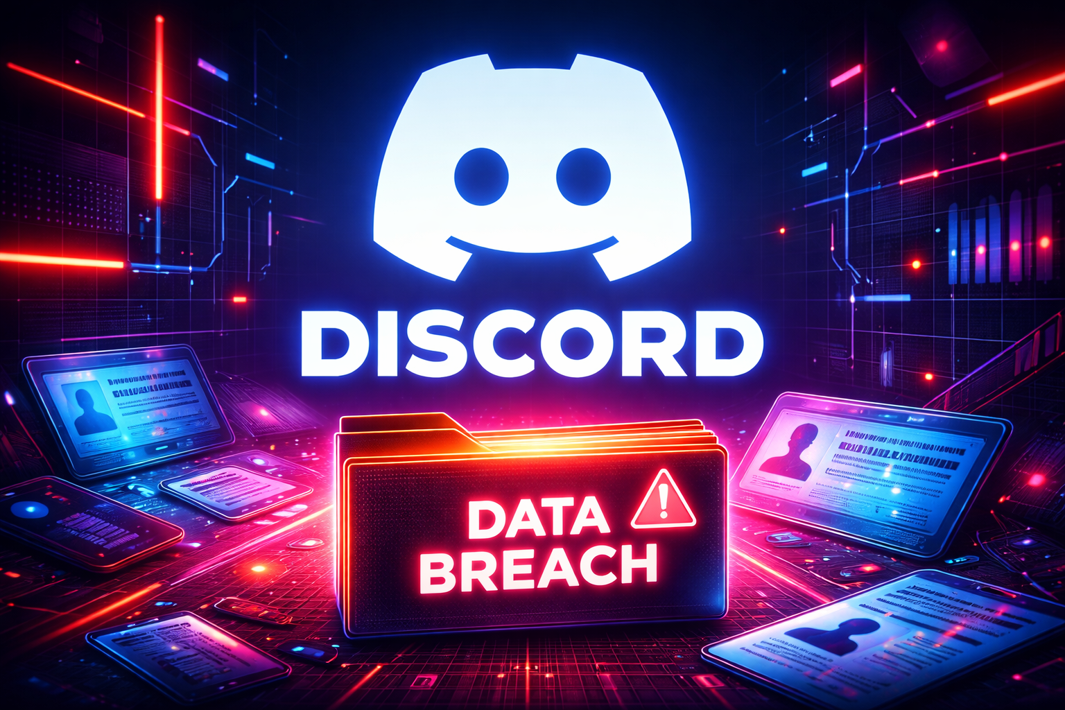 Neon cyber themed illustration representing Discord age verification procedures including face scan, ID upload and AI age detection highlighting global social media age verification trend and new platform rules.