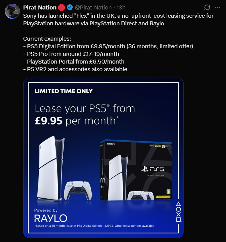 Neon-style promotional image showing PlayStation hardware including PS5 console, controller, PlayStation Portal and PSVR2 headset representing Sony PlayStation Flex leasing program in the UK with Raylo monthly PS5 lease pricing concept.