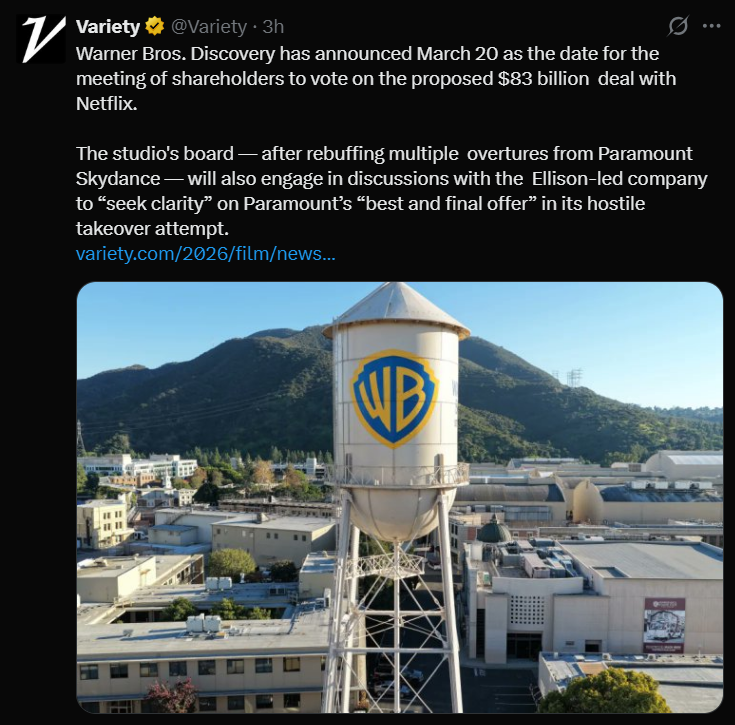 Warner Bros Discovery studio water tower ahead of March 20 shareholder vote on Netflix’s proposed $83 billion merger deal.