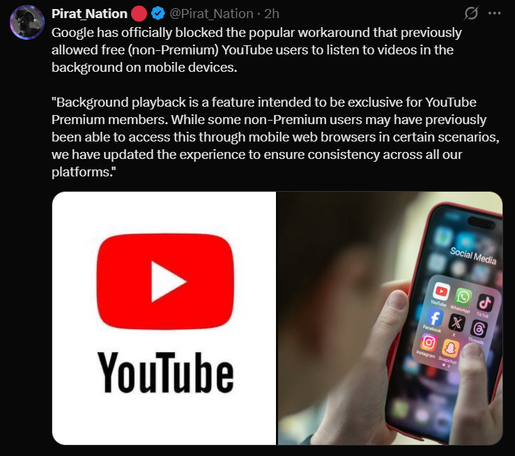 YouTube background playback restriction displayed with YouTube logo and smartphone showing mobile app interface, representing Google blocking free background play feature.