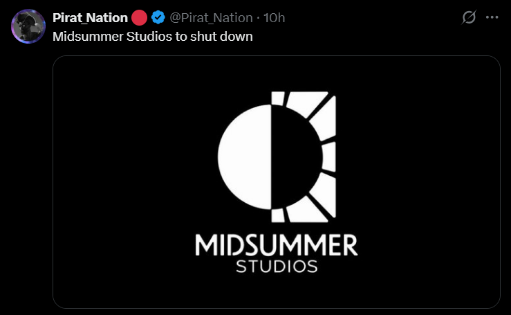 Midsummer Studios logo on black background after the studio shut down, highlighting the company closure and Burbank game cancellation news.