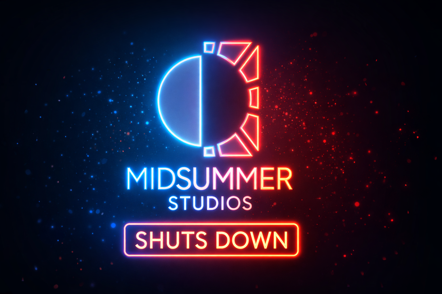 Neon glowing graphic showing Midsummer Studios shutting down with text “Shuts Down,” representing the closure of Jake Solomon’s studio and the cancelled Burbank AI life simulation game.
