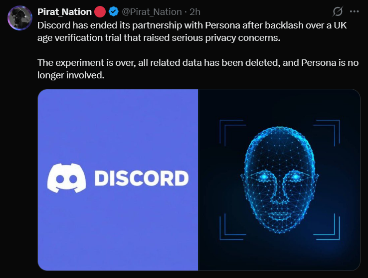 Neon illustration showing Discord logo connected to a digital facial recognition scan with a broken chain symbol, representing the UK age verification backlash and end of the Persona partnership.