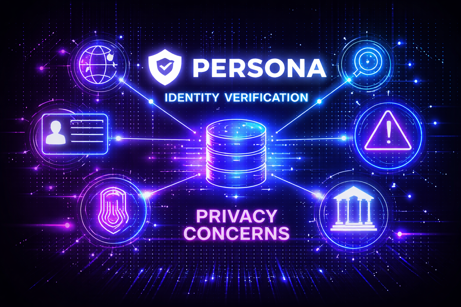Futuristic neon graphic of Persona identity verification system featuring ID upload, facial scan icons, and privacy warning symbols highlighting background check concerns in the Discord UK trial.