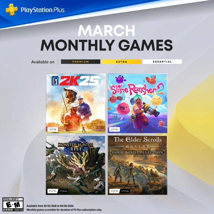 PlayStation Plus March 2026 Monthly Games lineup featuring PGA Tour 2K25, Monster Hunter Rise, Slime Rancher 2 and The Elder Scrolls Online Gold Road Collection.