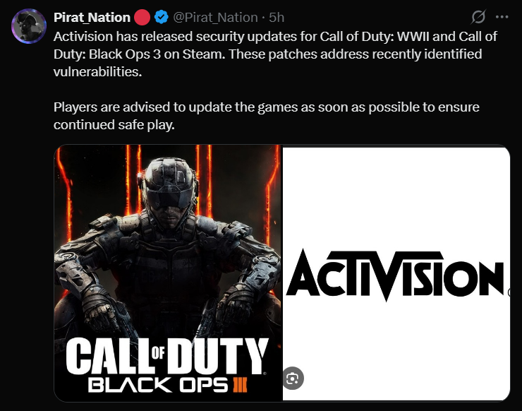 Promotional image showing Call of Duty Black Ops III artwork alongside the Activision logo, representing the recent Steam security update addressing vulnerabilities and reported RCE exploit issues.