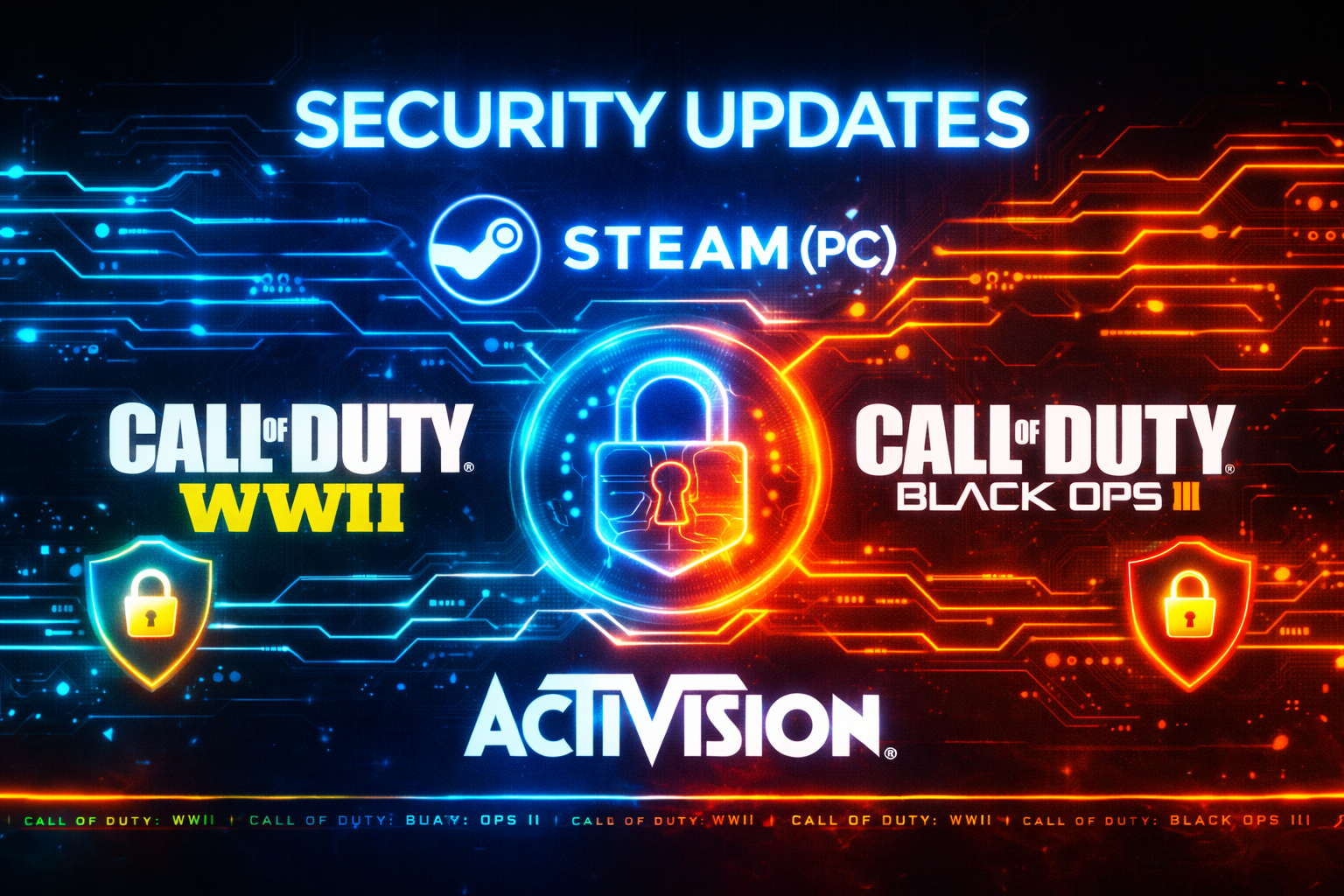 Neon-themed digital graphic highlighting security updates for Call of Duty WWII and Black Ops III on Steam, featuring a glowing padlock and cyber circuit background symbolizing vulnerability fixes and RCE exploit patches.
