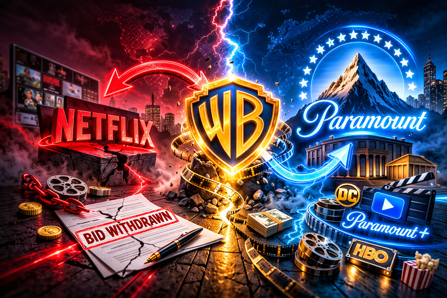 Dramatic illustration of Netflix vs. Paramount competing for Warner Bros., symbolizing the streaming industry bidding battle.