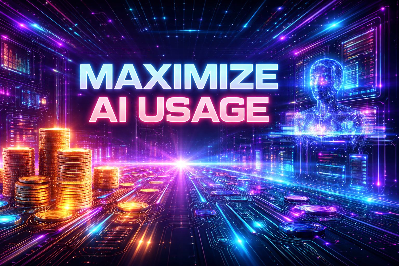 Maximize AI usage in the future — AI tokens, coins, digital human and circuit board visual representing Jensen Huang's AI productivity vision