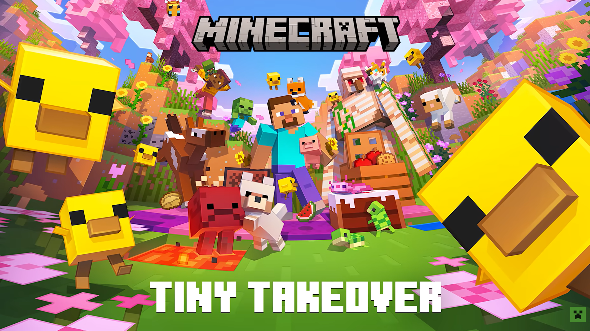 Official Minecraft Tiny Takeover key art showing Steve surrounded by redesigned baby mobs — including baby chicks, baby pigs, baby foxes, baby zombies, and baby sheep — in a cherry blossom biome, with oversized baby chick heads in the foreground