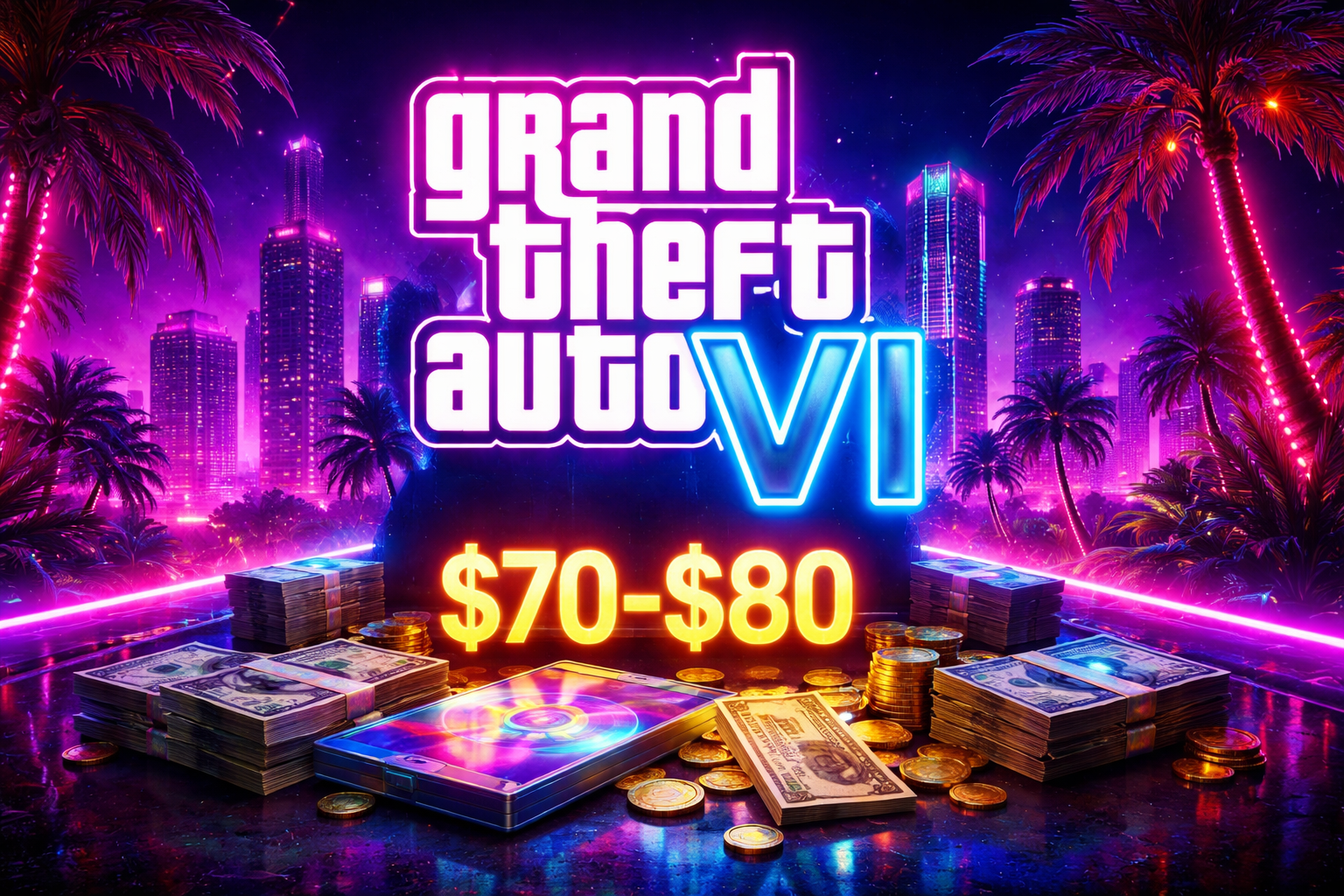 Grand Theft Auto VI logo with neon Miami-style cityscape background and $70–$80 price range displayed in gold text, surrounded by stacks of cash and coins