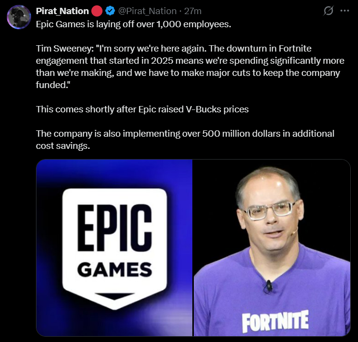 Tweet post by @Pirat_Nation showing Epic Games layoff of 1,000 employees in 2026