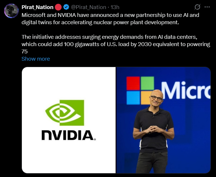 A tweet by @Pirat-Nation showing the collaboration between Microsoft and NVIDIA for AI in transforming energy infrastructure