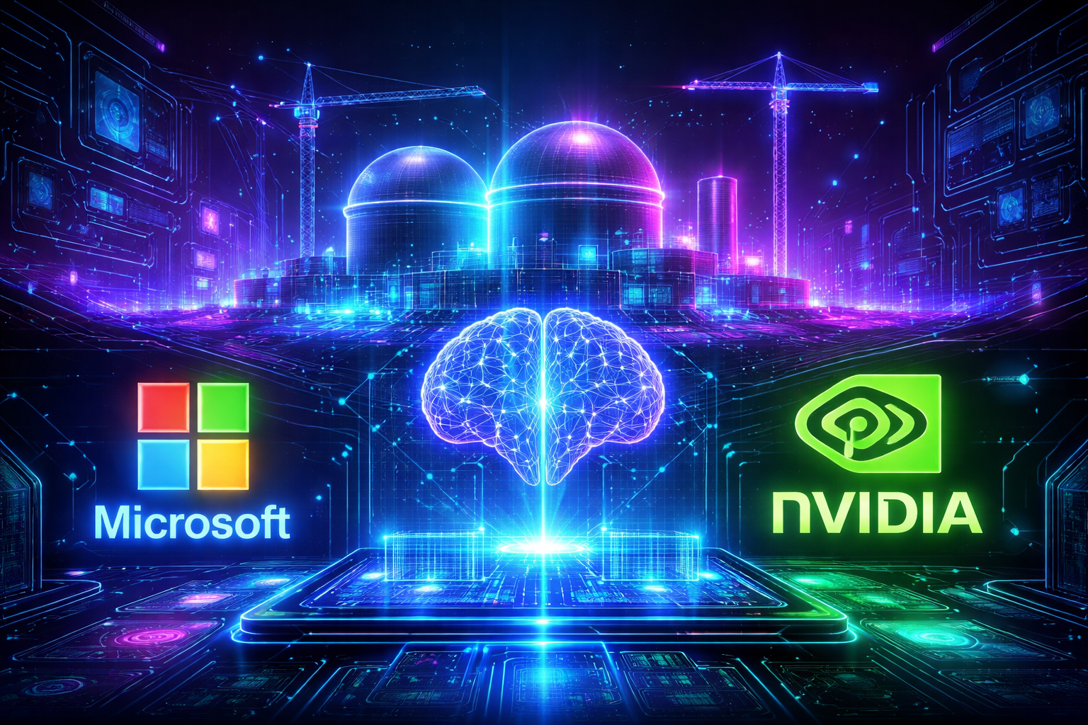 This image represents the concept of AI accelerating nuclear energy development, where advanced computing systems and machine learning models optimize the design and construction of nuclear power plants.