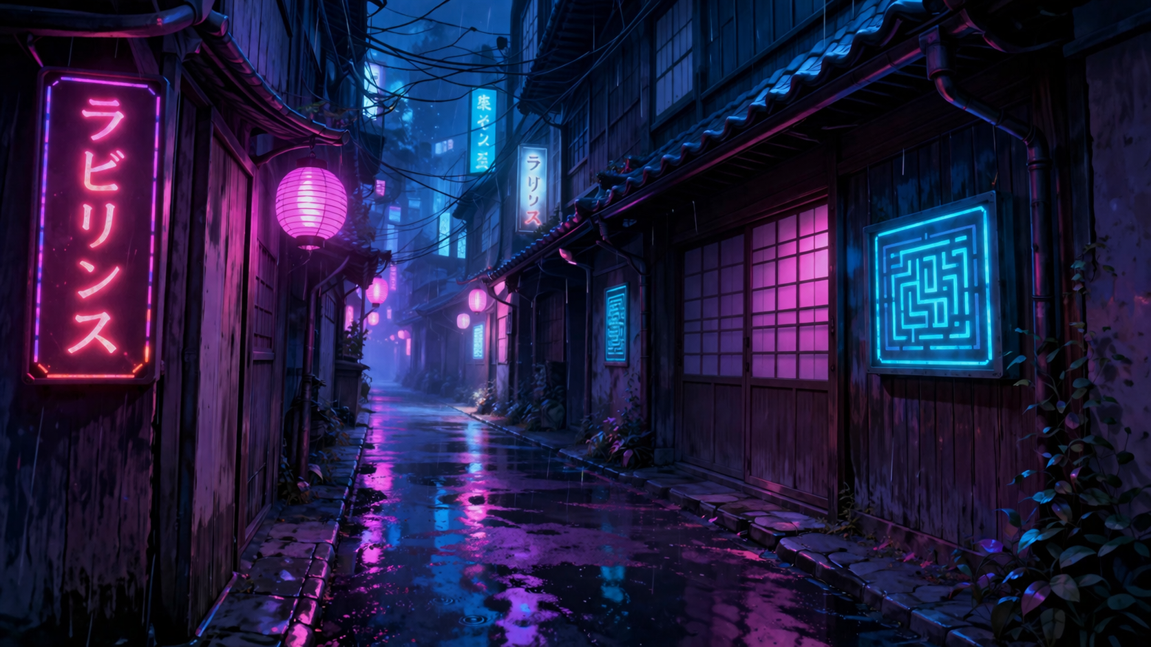 Atmospheric digital artwork of a dark rainy Japanese alleyway lit by pink and cyan neon signs reading "Labyrinth" in Japanese katakana, representing the smartphone digital world from the 2026 Labyrinth anime film.