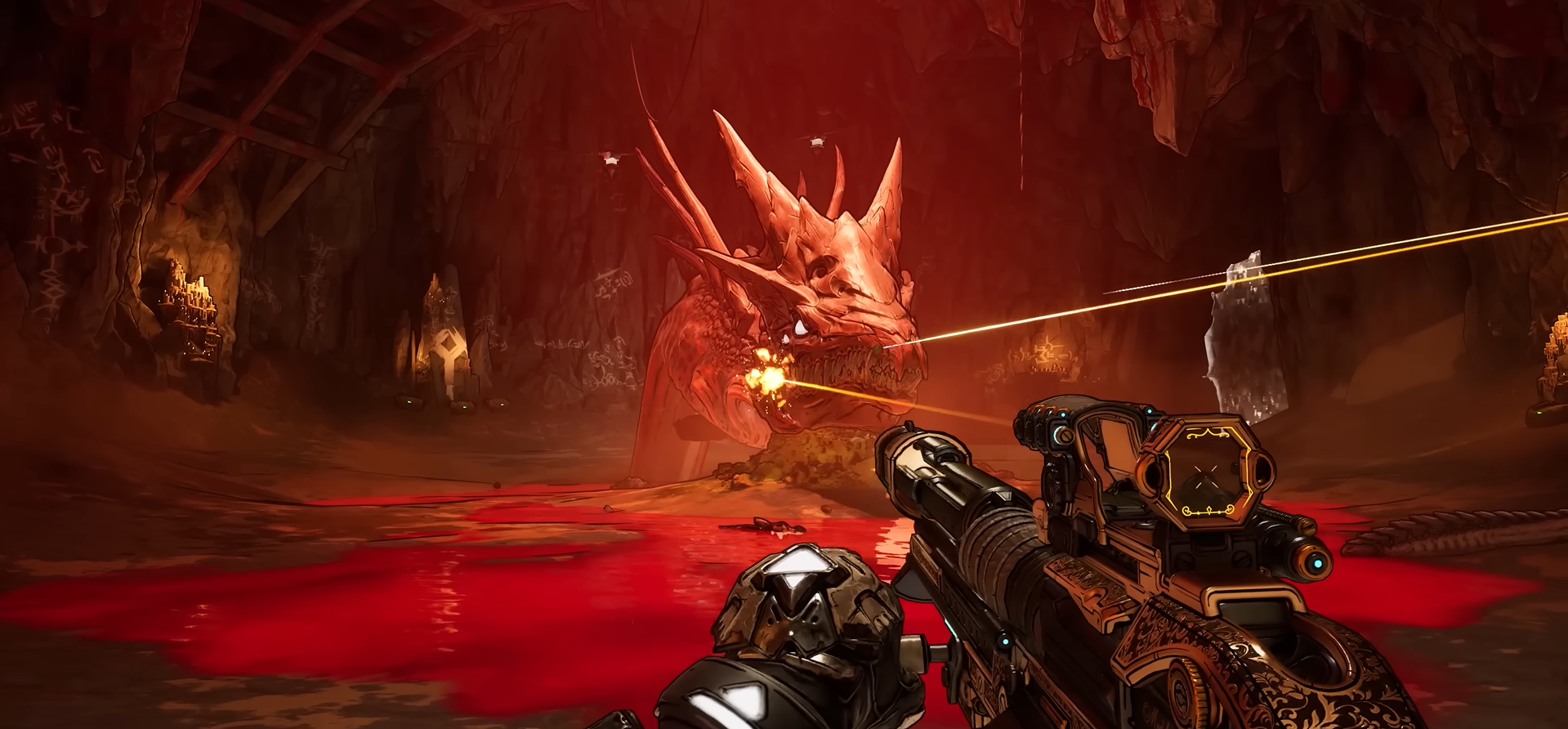 A first-person boss fight against a dragon-like creature in a lava-filled cave, featuring futuristic weapons and laser effects