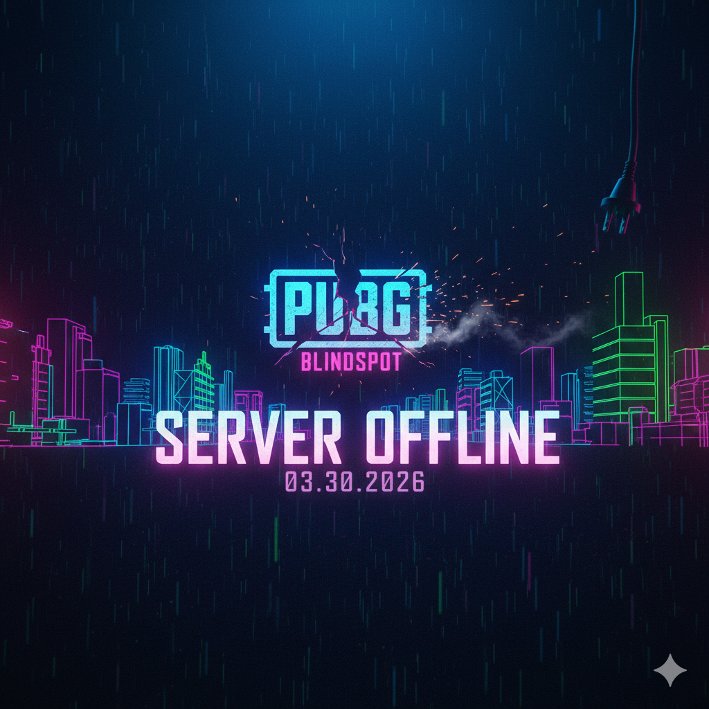 PUBG: Blindspot logo with a pulled electrical plug and the words "Server Offline 03.30.2026" over a neon city skyline in rain — marking the end of service