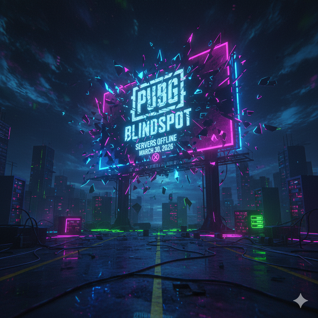 PUBG: Blindspot neon billboard shattering in a dark cyberpunk cityscape with the text "Servers Offline March 30, 2026" — symbolizing the official game shutdown