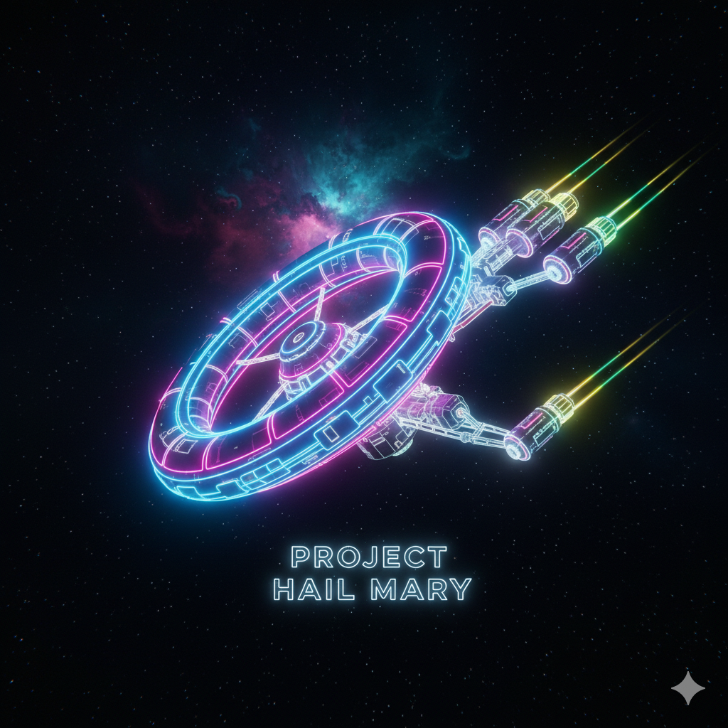 Glowing neon spaceship labeled Project Hail Mary traveling through deep space with colorful thrusters.
