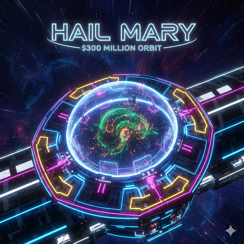 Neon-lit futuristic space station orbiting a glowing galaxy core in deep space with vibrant cyberpunk colors.