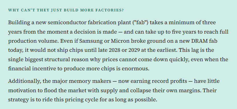Explainer graphic on semiconductor fab lead times and why memory prices cannot fall quickly.