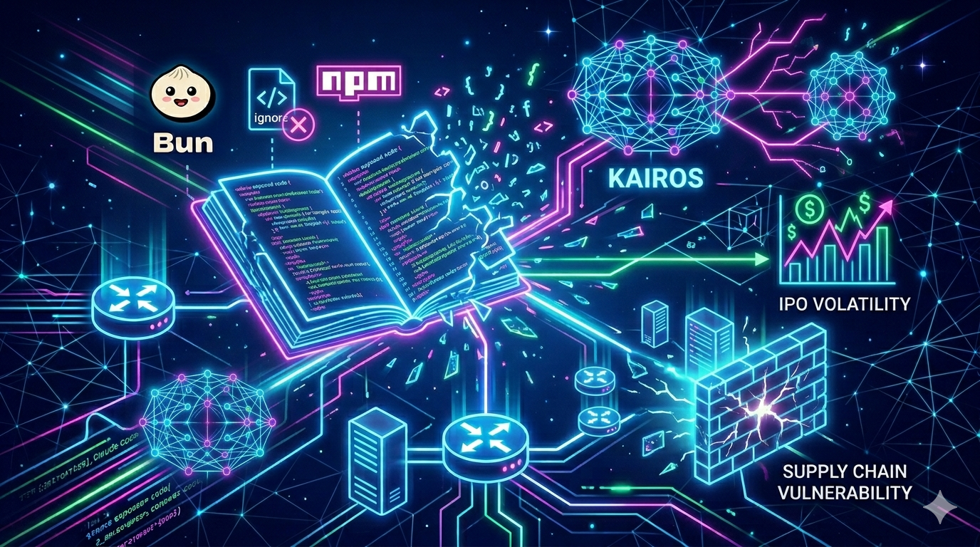 Neon infographic detailing the Anthropic Claude Code source code leak via npm, featuring the KAIROS AI agent, IPO market volatility, and supply chain security risks in a 16:9 digital blueprint style.