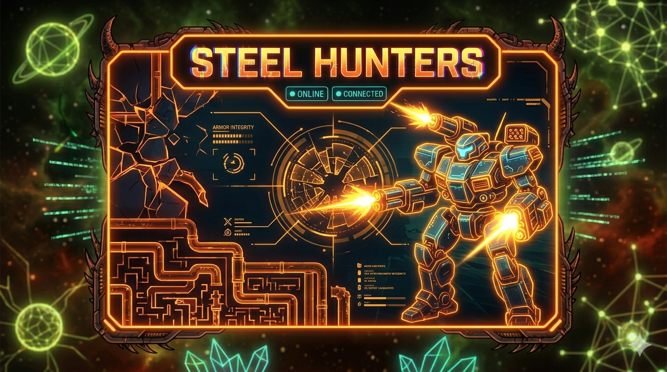 The Steel Hunters launch card is a masterclass in industrial-tech design, utilizing a fierce color scheme of heavy industrial orange and metallic cobalt blue. The image centers on a highly detailed, glowing outline of a massive combat mech unit, which is firing twin streams of fragmented, geometric energy.