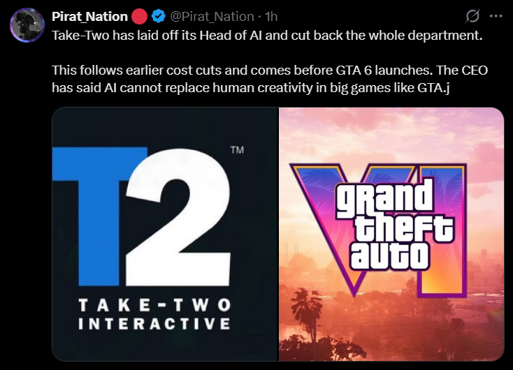 This image features a screenshot of a social media post from "Pirat_Nation" claiming that Take-Two has laid off its Head of AI and dissolved the entire department. The post emphasizes that these cuts occur just months before the high-stakes launch of GTA 6 and references CEO Strauss Zelnick’s comments regarding the limits of AI in human creativity. The visual is a split-screen graphic: on the left is the blue and white Take-Two Interactive logo, and on the right is the vibrant, neon-drenched Grand Theft Auto VI logo set against a Vice City-inspired sunset.
