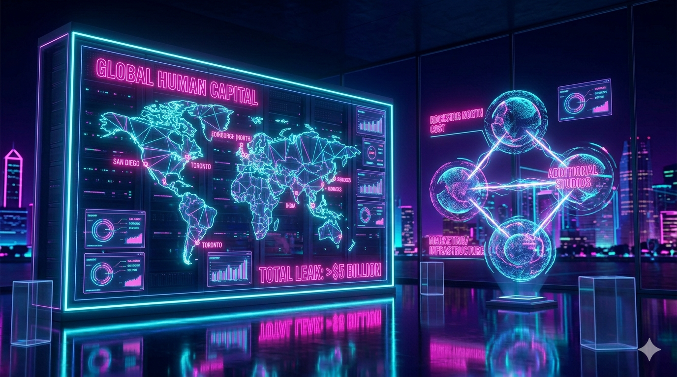 A futuristic neon data visualization illustrating the GTA 6 global human capital costs. The graphic displays a world map highlighting Rockstar Games' international hubs—including Edinburgh (Rockstar North), Toronto, San Diego, and India—linking them to a total leaked project expenditure exceeding $5 billion.