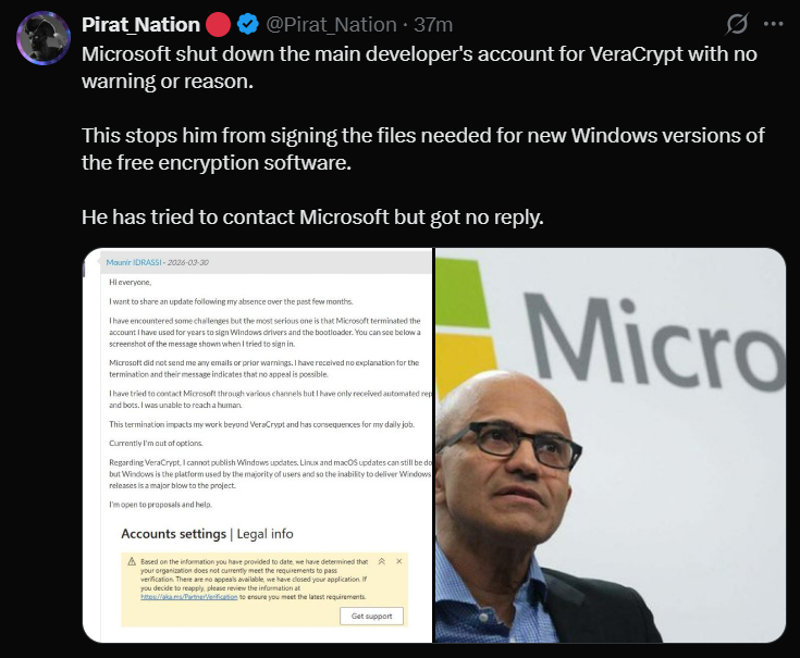 This screenshot captures the official public statement by Mounir Idrassi, the lead developer of VeraCrypt, confirming that his Microsoft developer account was terminated without prior warning on March 30, 2026.