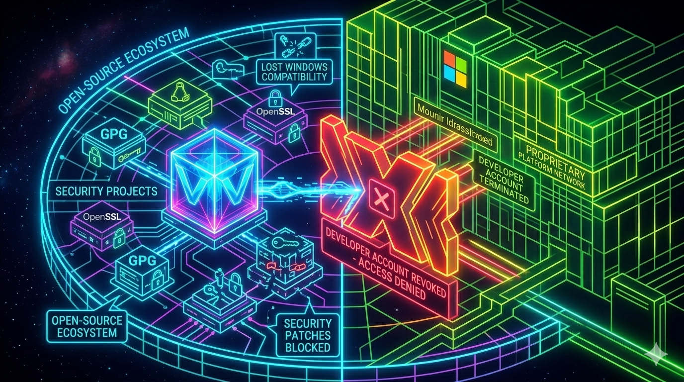 A high-resolution, 16:9 neon-themed conceptual graphic illustrating the divide between the Open-Source Ecosystem and Proprietary Platform Networks.