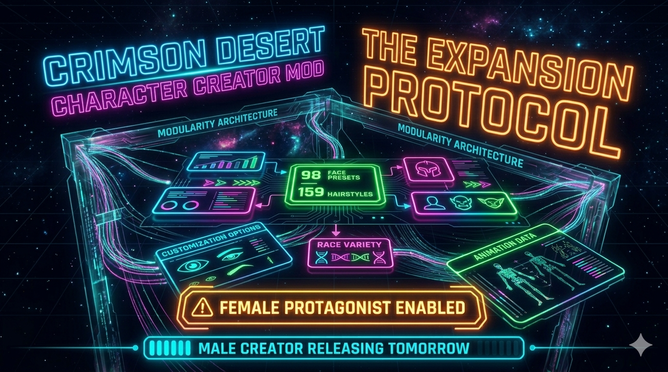 An high-detail digital infographic titled "The Expansion Protocol," illustrating the technical architecture of the Crimson Desert Character Creator Mod. This visual representation breaks down the "Modularity Architecture" used to integrate external assets into the proprietary BlackSpace Engine.