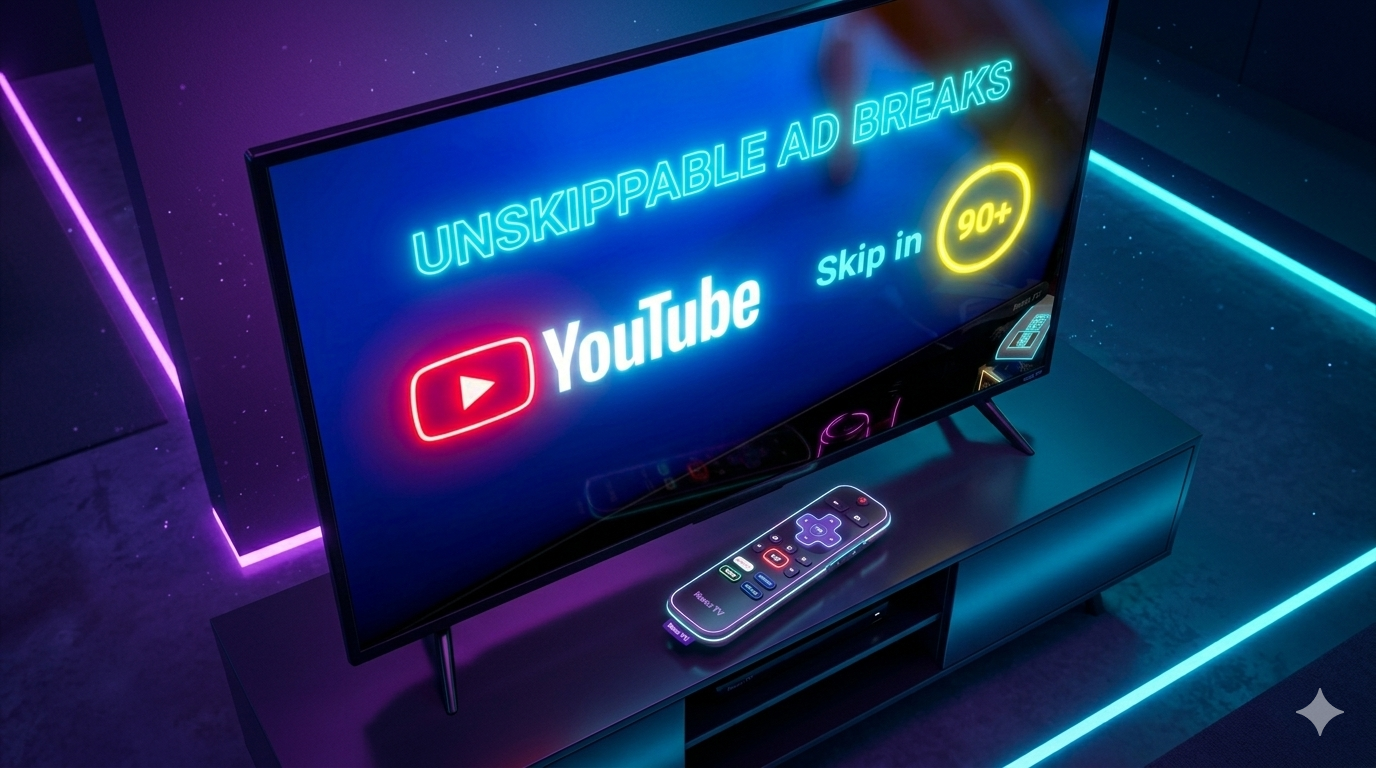 A high-resolution, 16:9 conceptual illustration depicting a modern television in a dark, stylized room illuminated by vibrant neon accents. The TV screen prominently features a glowing neon YouTube logo alongside the text "UNSKIPPABLE AD BREAKS" and a bright yellow circular timer showing "90+."