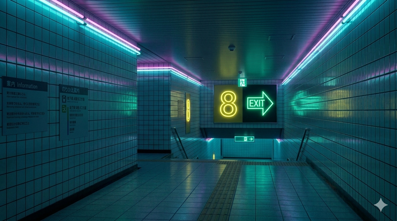 A visually striking, 16:9 widescreen conceptual image inspired by the game and film The Exit 8. The scene depicts an eerie, empty subway corridor rendered in a vibrant neon shine aesthetic. Glowing teal and magenta light strips line the upper walls, reflecting off clean white tiles.