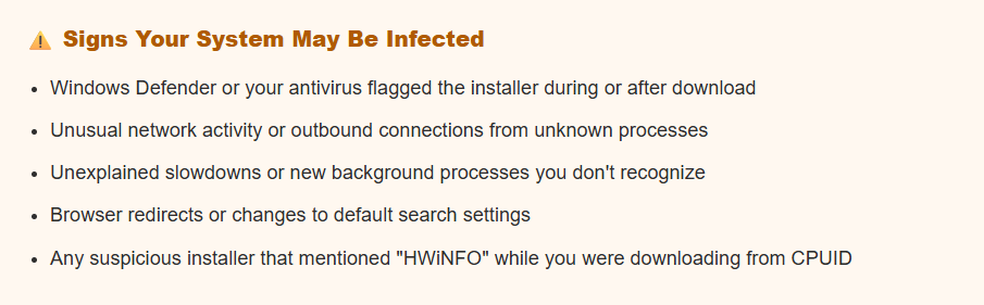 This image displays a high-priority security alert from a verified source regarding the compromise of the CPUID website. The post warns users that official download mirrors for CPU-Z and HWMonitor have been hacked and are actively distributing malware-infected installer files.