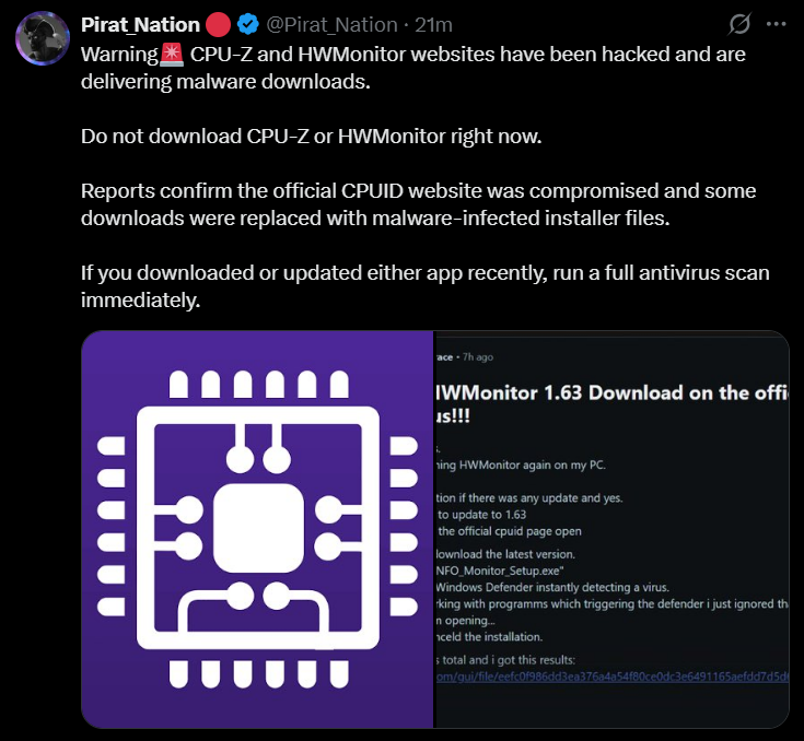 This informative graphic lists the primary Indicators of Compromise (IoC) that users should look for if they suspect their PC was infected by the CPUID breach. Key symptoms include Windows Defender flags, unusual outbound network activity, unexplained system slowdowns, and browser redirects.