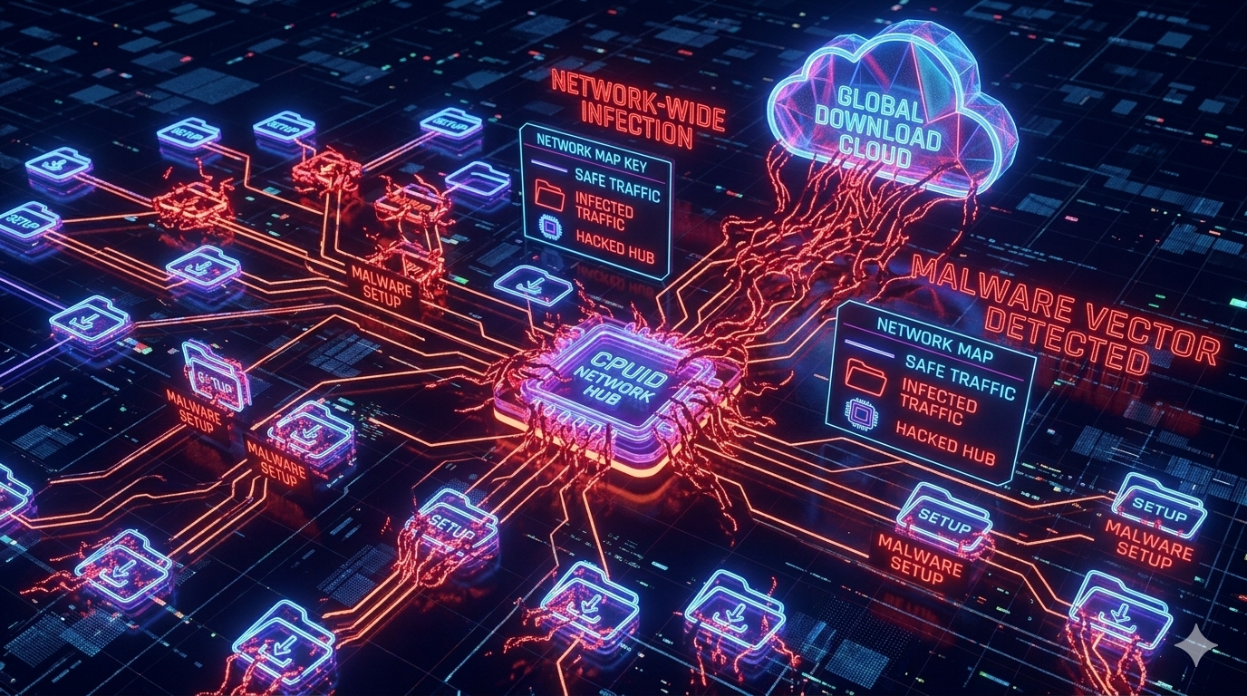 A detailed, neon-styled 3D isometric map showing the flow of malicious data across a digital network. The schematic uses a Network Map Key to distinguish between safe traffic (blue) and infected traffic (red). It illustrates how a single "Hacked Hub" can spread "Malware Setups" to numerous end-user directories, providing a visual metaphor for the scale and impact of the HWMonitor 1.63 installer compromise.