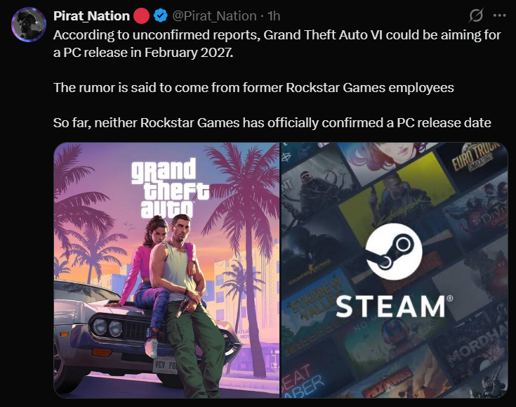 Social media post from Pirat_Nation discussing unconfirmed GTA 6 PC release date of February 2027.