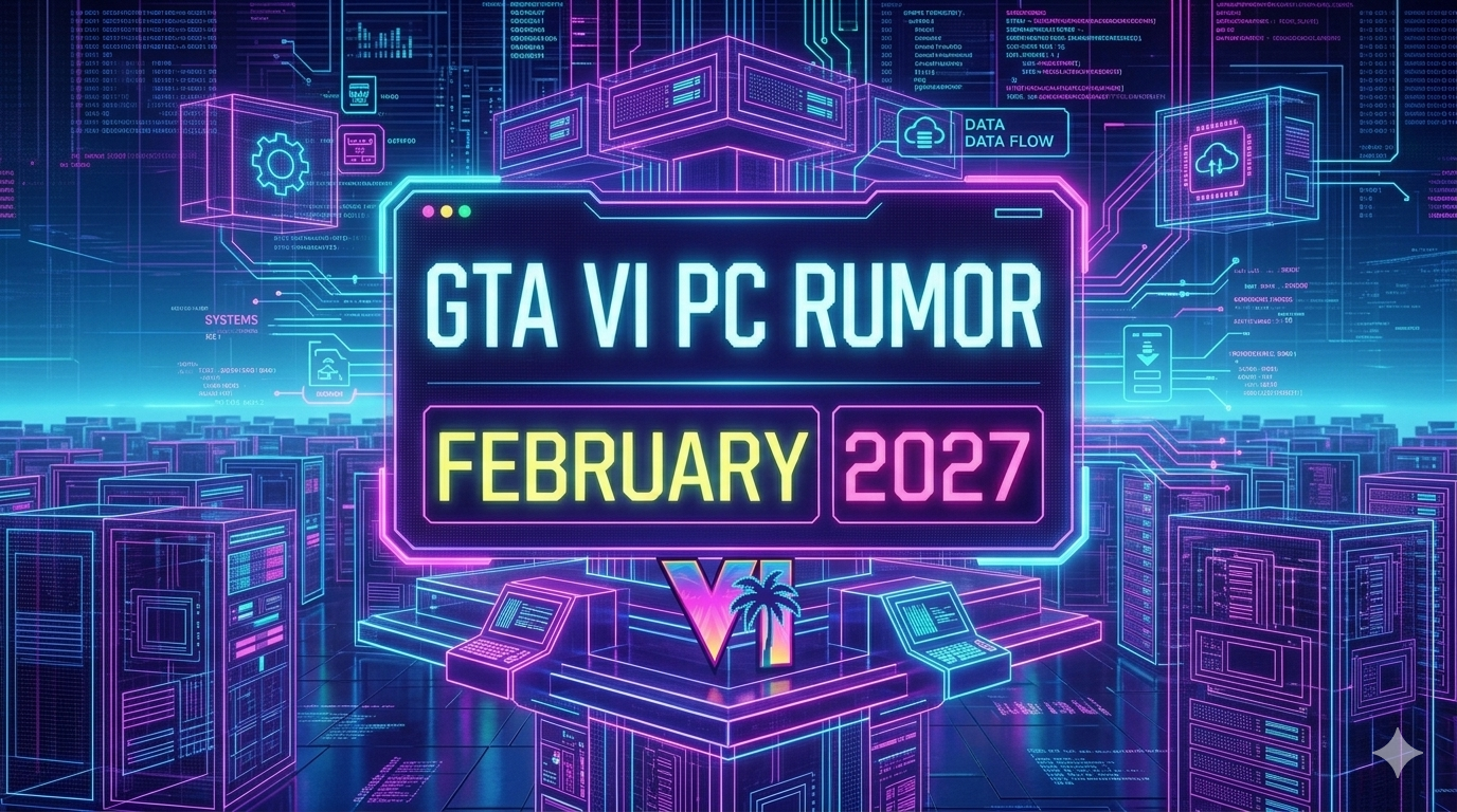 Neon digital infographic displaying GTA VI PC release rumor for February 2027 with cyberpunk aesthetic.