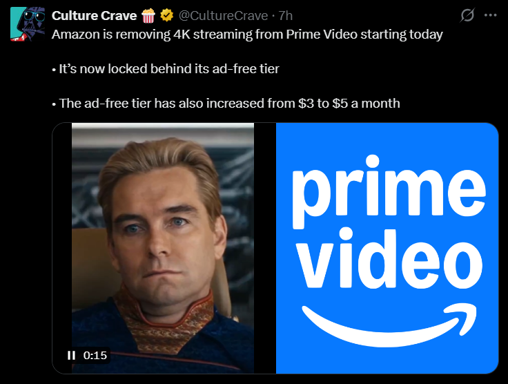 This screenshot captures a viral news post from the entertainment account Culture Crave. The post announces that Amazon is removing 4K streaming from the standard Prime Video experience effective immediately, locking the high-resolution feature behind a newly priced ad-free tier.