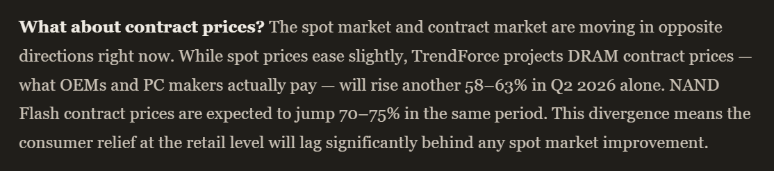 A close-up text snippet detailing the divergence between spot and contract markets in Q2 2026. The text explains that while consumer spot prices are easing, DRAM contract prices (paid by OEMs and PC makers) are projected to rise by 58–63%, and NAND Flash contract prices are expected to jump 70–75%.
