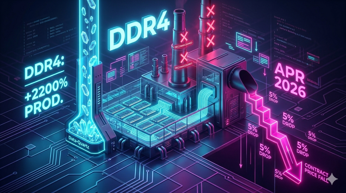 A futuristic, 16:9 3D digital illustration styled in vibrant neon cyan and magenta. The left side features a "Data-Quartz" chamber feeding into a high-tech DDR4 production facility, labeled with a +2200% production cost increase.